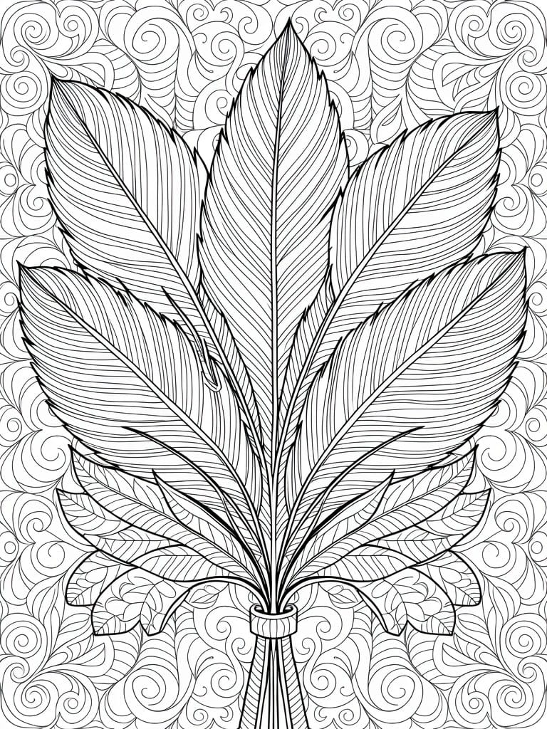 Line art of five broad leaves fanned from a central tie with swirling background patterns.