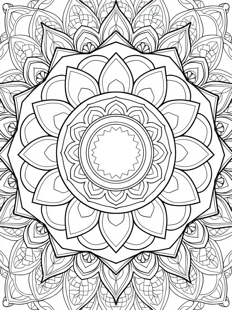 Black and white line art of a circular mandala featuring layered petals, vines, and symmetric patterns radiating from a central circle.