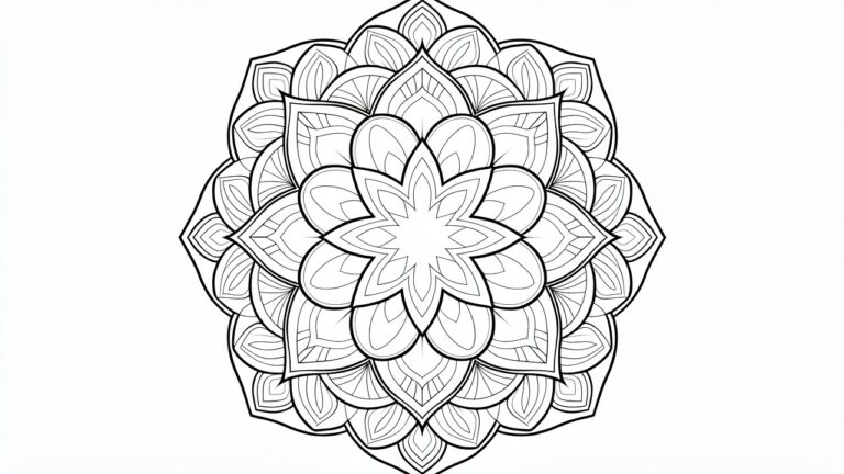 20 Easy Coloring Pages for Quick Relaxing Sessions Black and white line art of a circular mandala featuring layered petals, vines, and symmetric patterns radiating from a central circle.