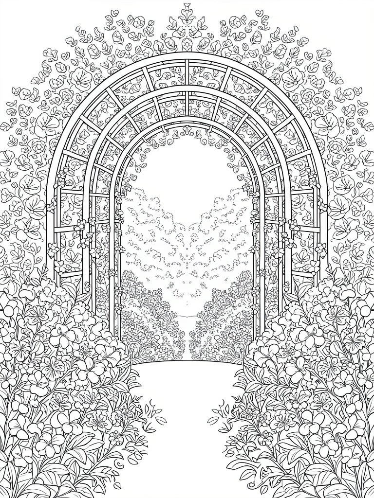 Line art coloring page featuring a flower-covered arched garden entrance with a central pathway and flying birds.
