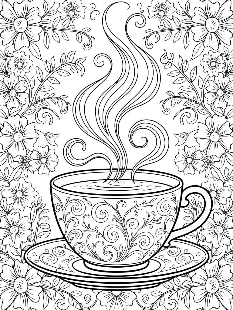 Line art of an ornate teacup with steam rising from the liquid, on a saucer surrounded by flowers and swirling vines.