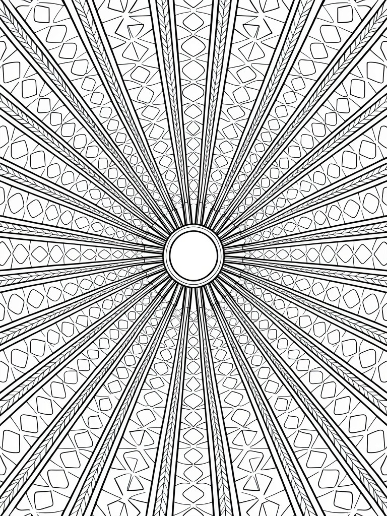 Black and white line art coloring page of a symmetrical radial geometric mandala with a central circle and radiating diamond patterns.