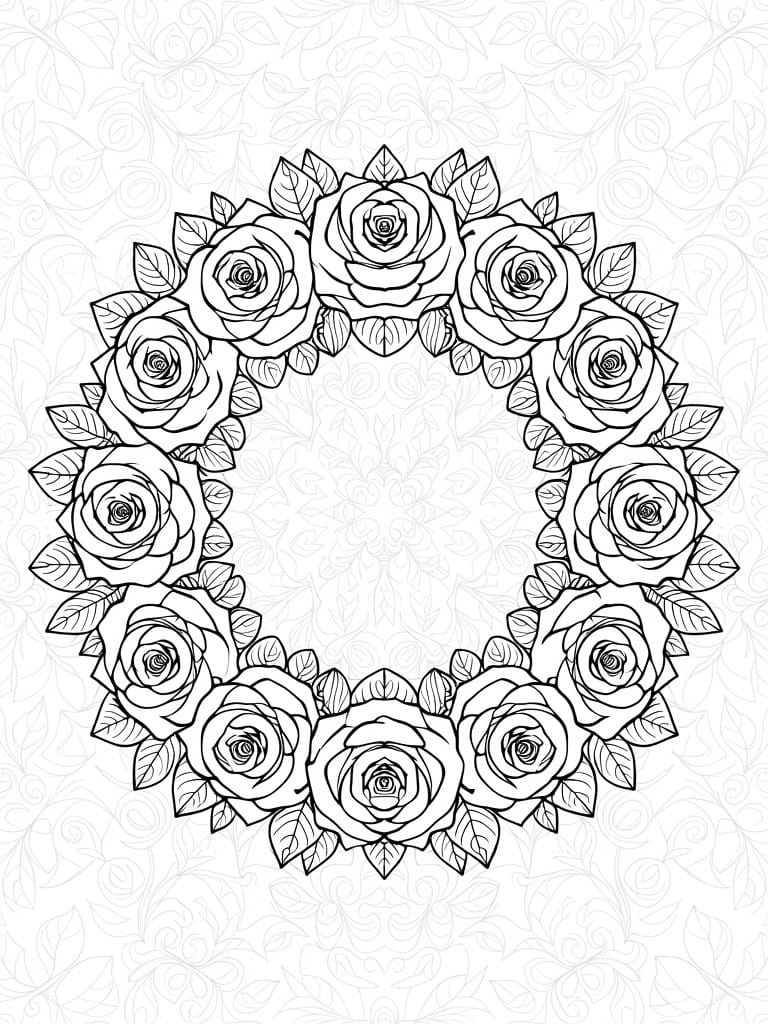 Black line art of a circular wreath filled with detailed roses and leaves around an empty center on a patterned background.