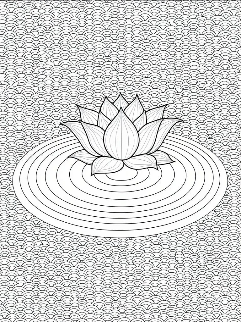 Black line drawing of a central lotus flower above water ripples, surrounded by scale-like wave patterns.