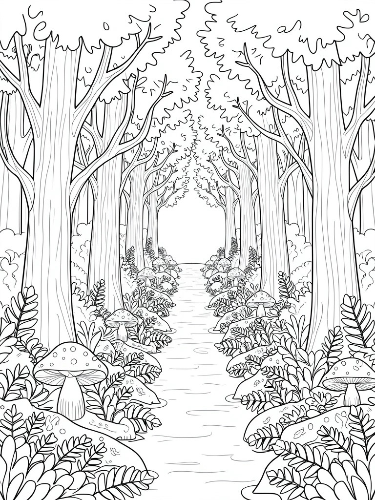 Line art of a central path through tall trees lined with mushrooms and ferns.