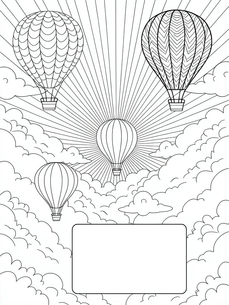 Line drawing of seven hot air balloons with textured patterns floating amid clouds around a central sun with rays and a blank rectangle at the bottom.