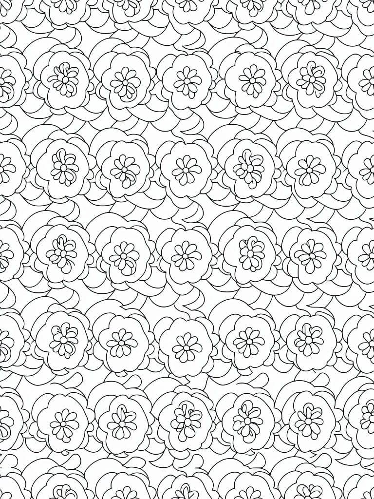 Black line art coloring page of simple outlined flowers repeated in staggered rows to form a tiled pattern.