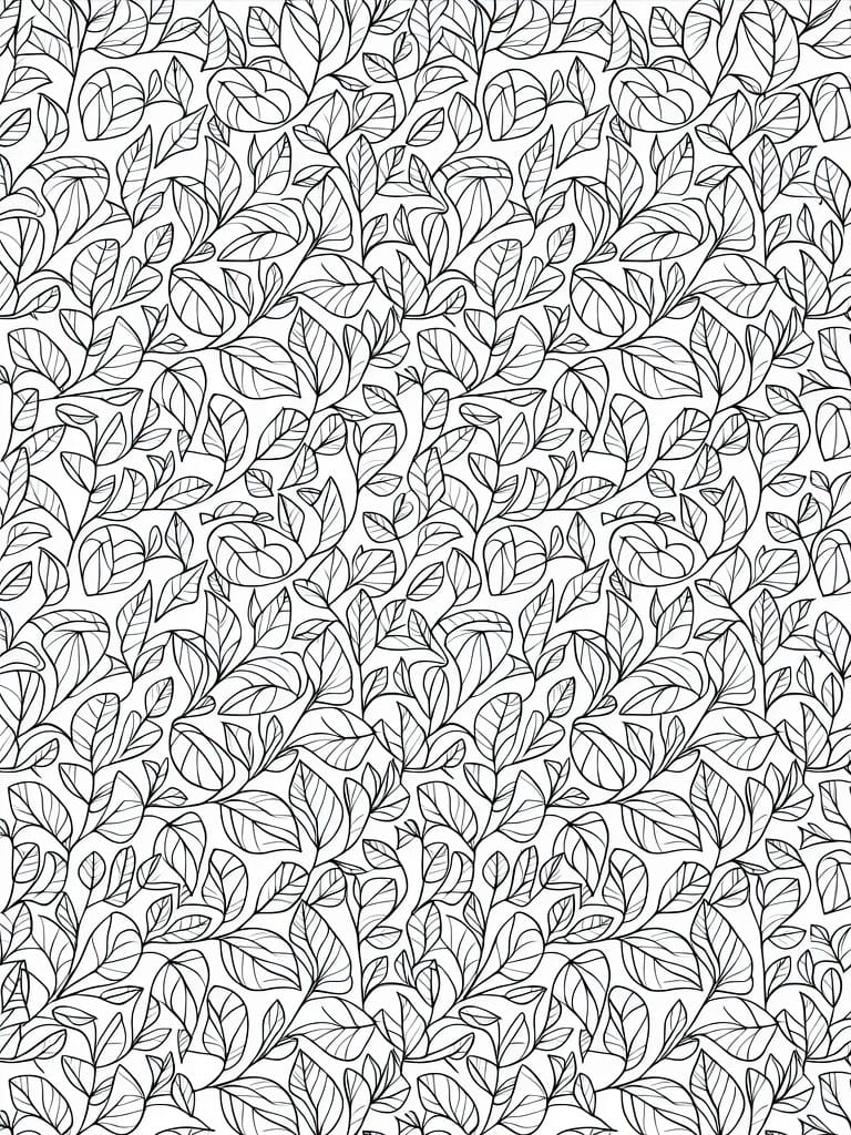 Black line art of densely packed, overlapping leaves filling the entire rectangular page.