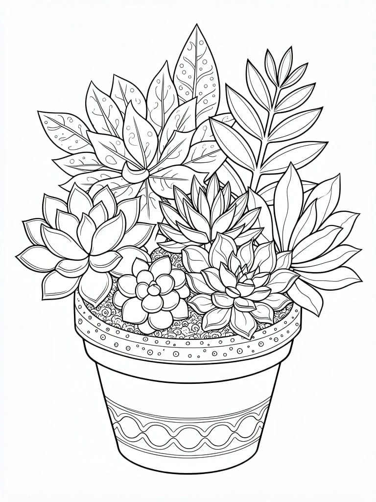 Black line drawing of assorted succulents arranged in a round pot with decorative patterns.