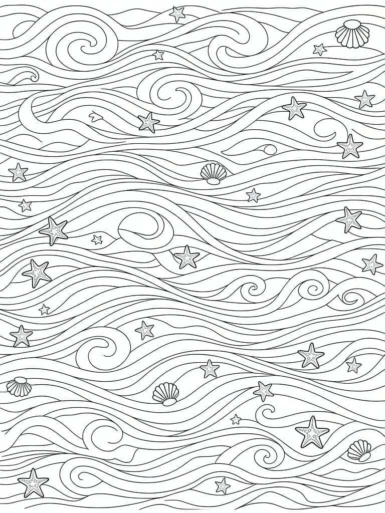Line art coloring page of layered swirling ocean waves with embedded stars, seashells, and starfish.