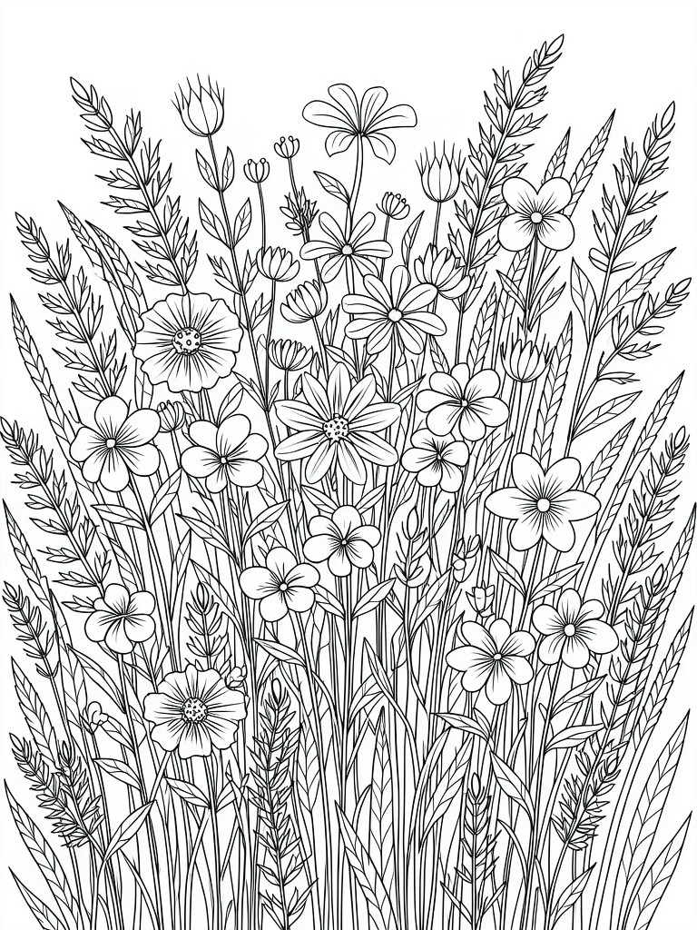 Line drawing of clustered tall grasses with daisies and small wildflowers in a vertical bouquet.