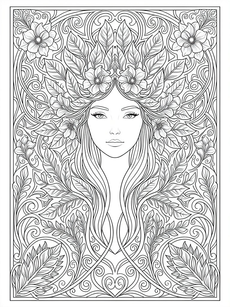 Line art coloring page of a woman's portrait surrounded by intricate Art Nouveau floral and leafy designs.