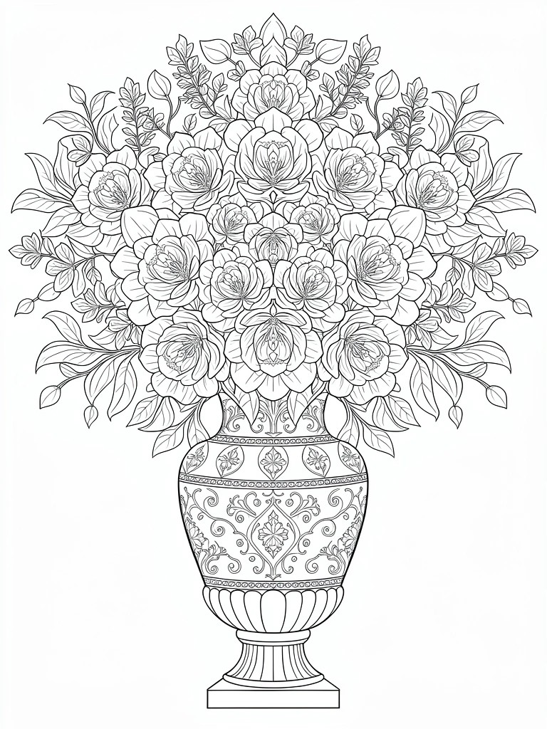 Line art of a large bouquet of roses in a detailed pedestal vase.
