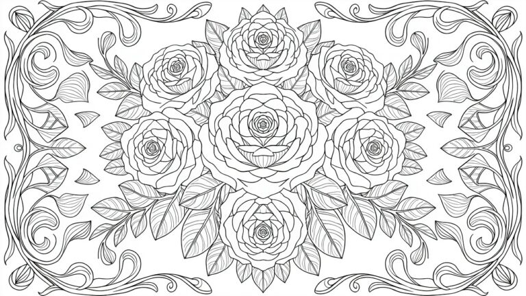 20 Elegant Line Art Coloring Pages for Clean Looks Line art coloring page featuring a symmetrical cluster of roses centered in an ornate oval frame of vines and leaves.