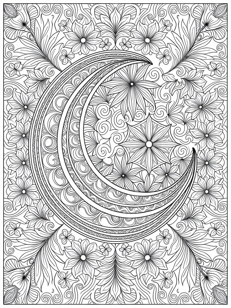 Line art coloring page featuring a central crescent moon surrounded by intricate floral and vine patterns in a mandala style.