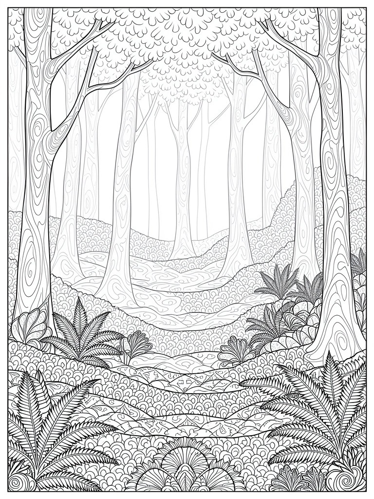 Black line art coloring page of arched trees framing a winding forest path with swirling trunk patterns and detailed fern borders.