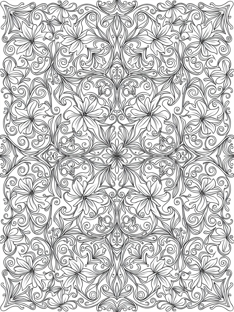 Black line art of a rectangular, symmetrical floral design with swirling vines, flowers, leaves, and curls filling the page.