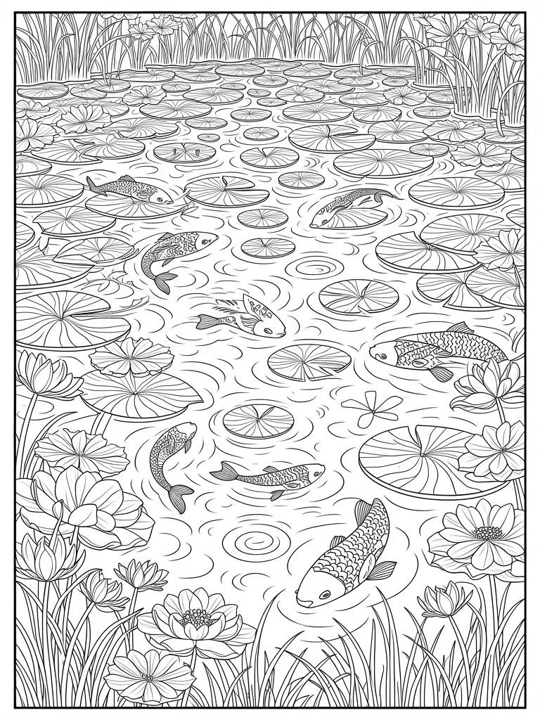 Line art coloring page of koi fish swimming among lotus leaves and pads in a pond with reeds and flowers.