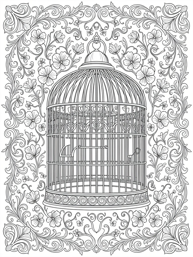 Line art of an empty ornate birdcage centered in a frame of vines, flowers, and scrolls.