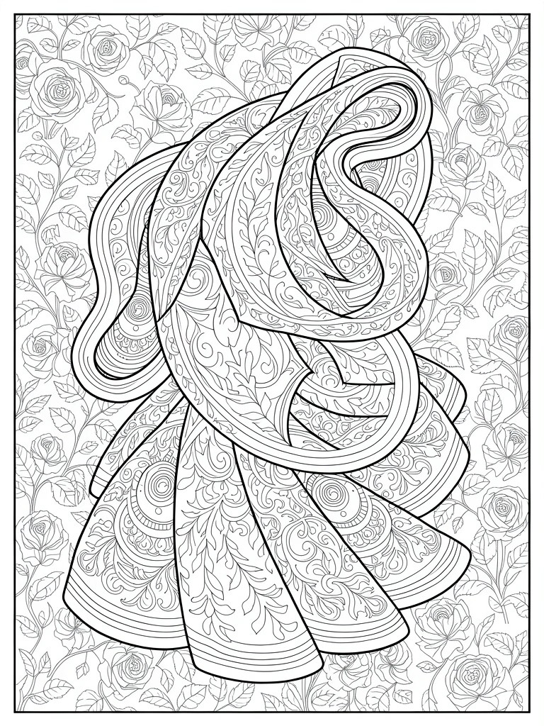 Line art coloring page of a stylized woman in swirling, patterned drapery amid roses and leafy vines.