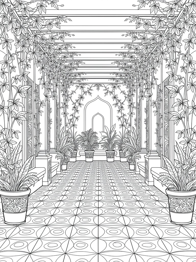 Line art coloring page of a vine-covered arched pergola walkway lined with potted plants and ornate tiled flooring.
