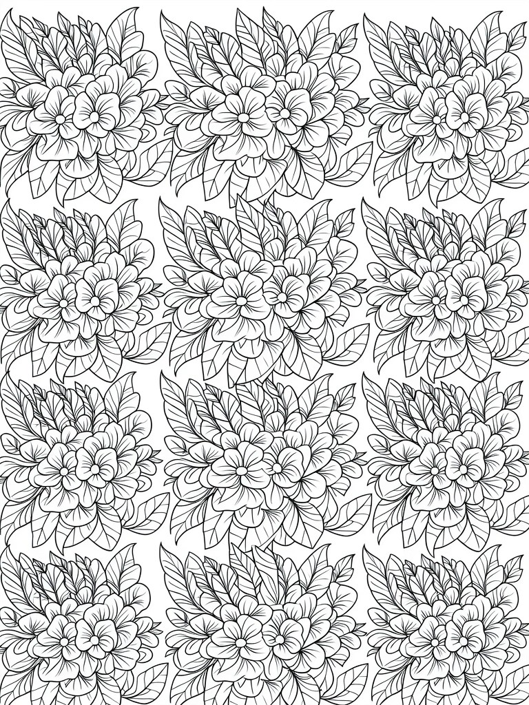 Grid arrangement of detailed chrysanthemum flowers in black line art.