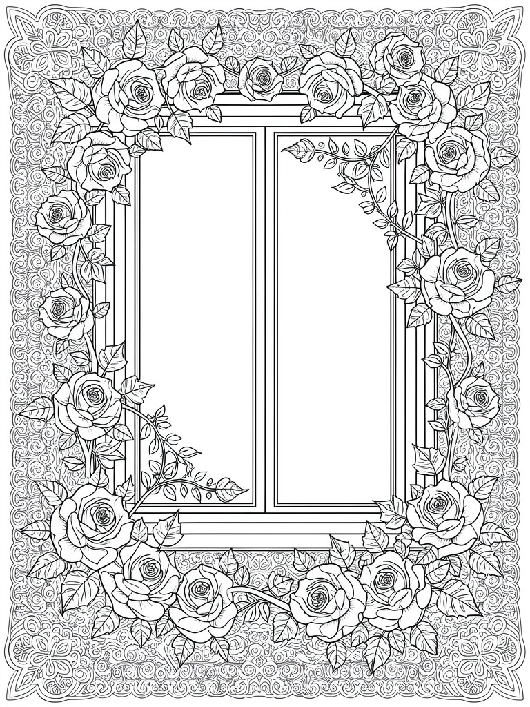 Line art of a double window with intricate rose and vine borders in an ornate rectangular frame.