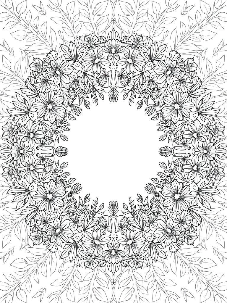 Line art coloring page featuring a symmetrical circular wreath of daisy flowers and leaves with an open center.