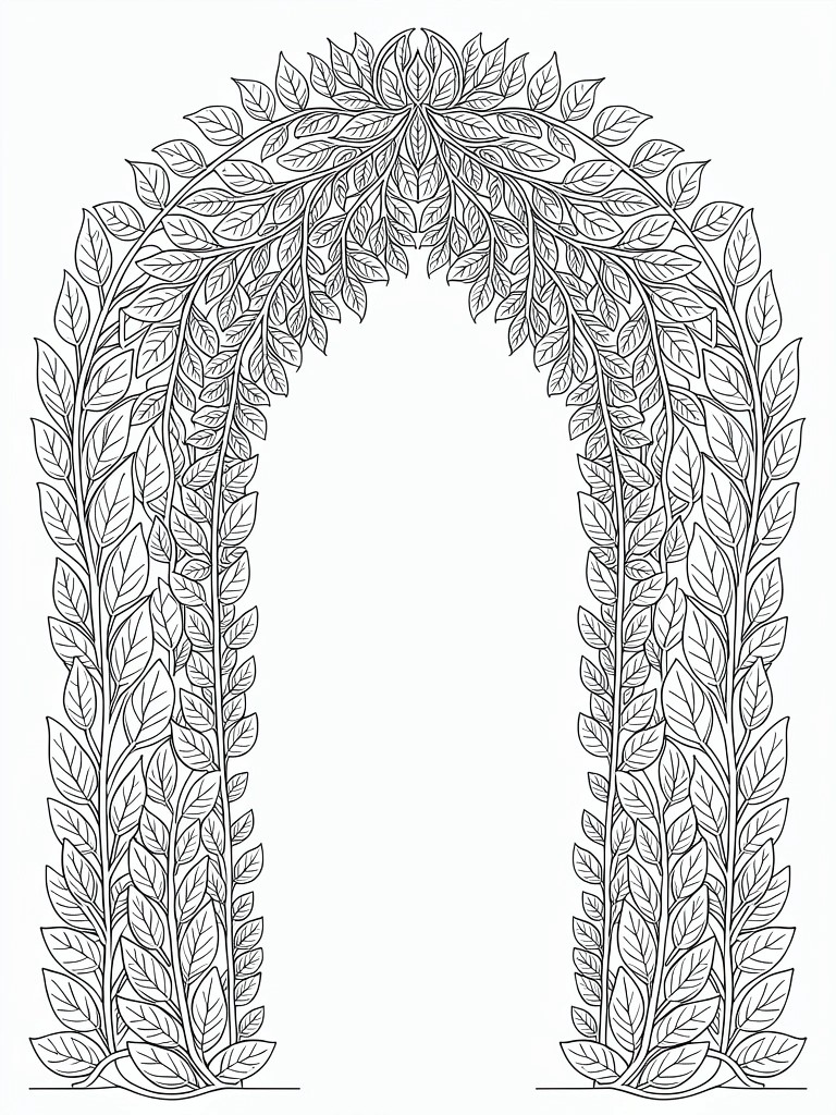 Line art of a tall symmetrical archway formed entirely from intricate overlapping leaves and floral elements.