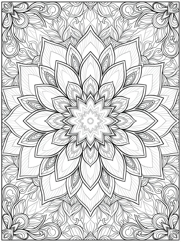 Black and white line drawing of a symmetrical mandala with a central lotus flower, layered petals, leaf patterns, and ornate bordering frame.