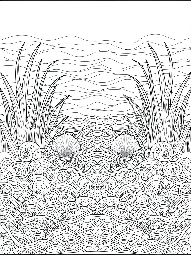 Symmetrical line art coloring page with tall reeds framing open seashells amid swirling waves.