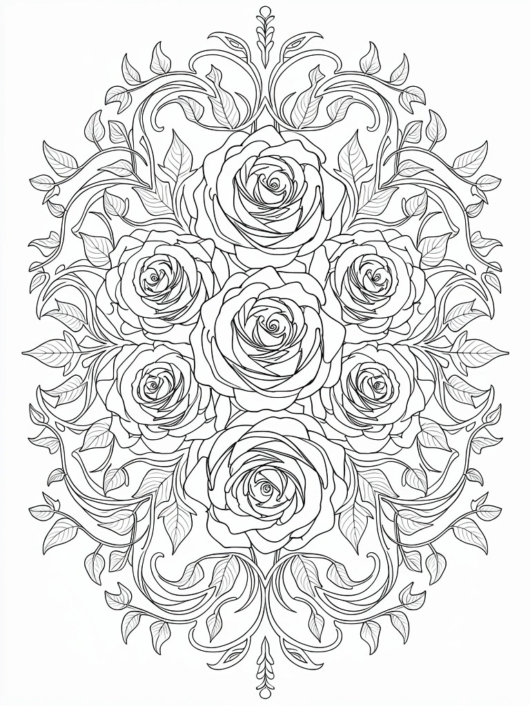 Line art coloring page featuring a symmetrical cluster of roses centered in an ornate oval frame of vines and leaves.