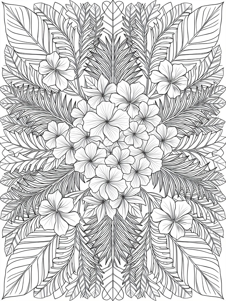 Line art coloring page featuring a symmetrical cluster of hibiscus flowers surrounded by ferns and tropical leaves.
