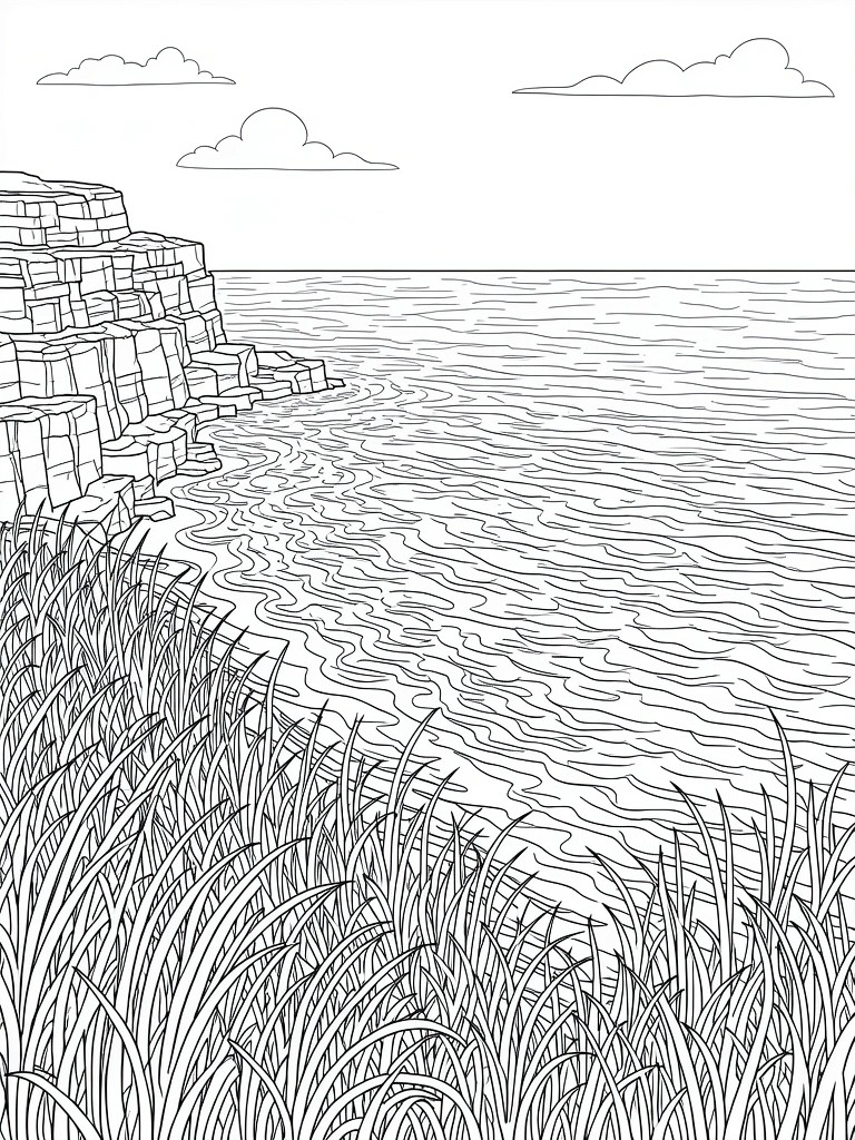 Line art of tall cliffs left of wavy ocean, with dense foreground grasses right and scattered clouds above.