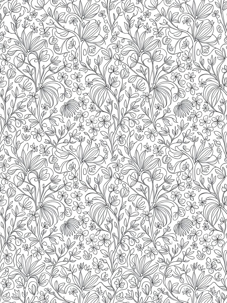 Line art coloring page filled with a repeating pattern of detailed flowers, leaves, stems, and buds.