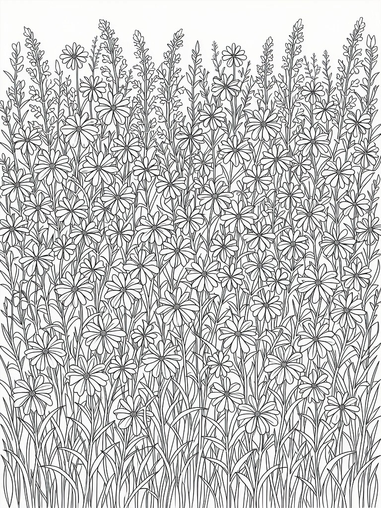 Line art coloring page featuring a dense vertical arrangement of tall stemmed flowers and leaves.