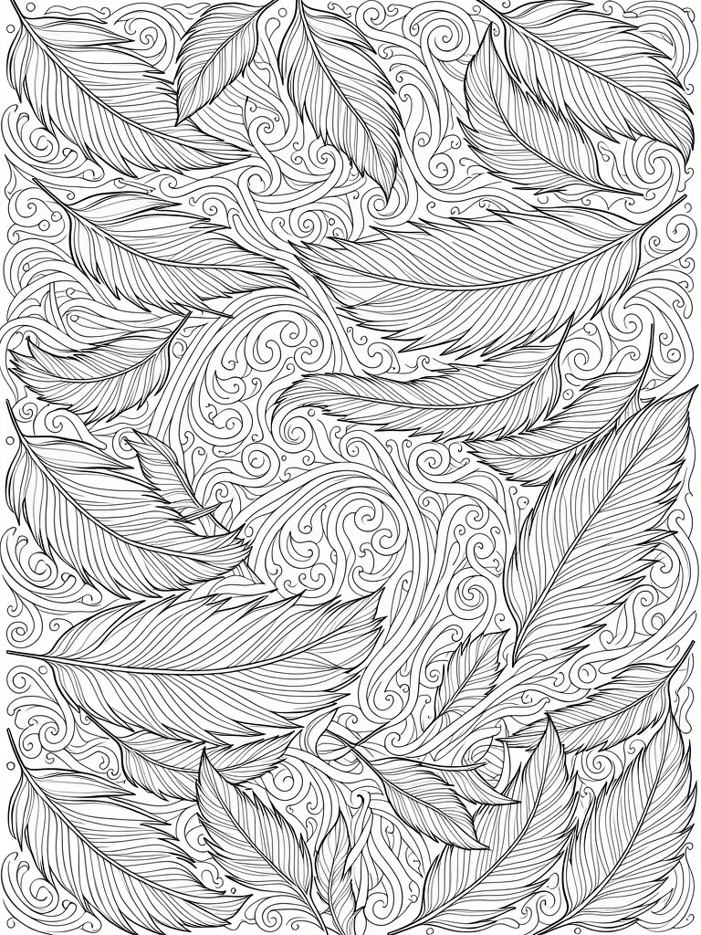 Black and white line art of overlapping feathers with intricate swirling patterns filling the page.