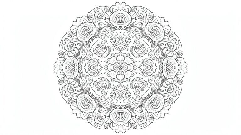 Symmetrical line art mandala featuring a central rose surrounded by smaller roses, leaves, and ornate scrolls.