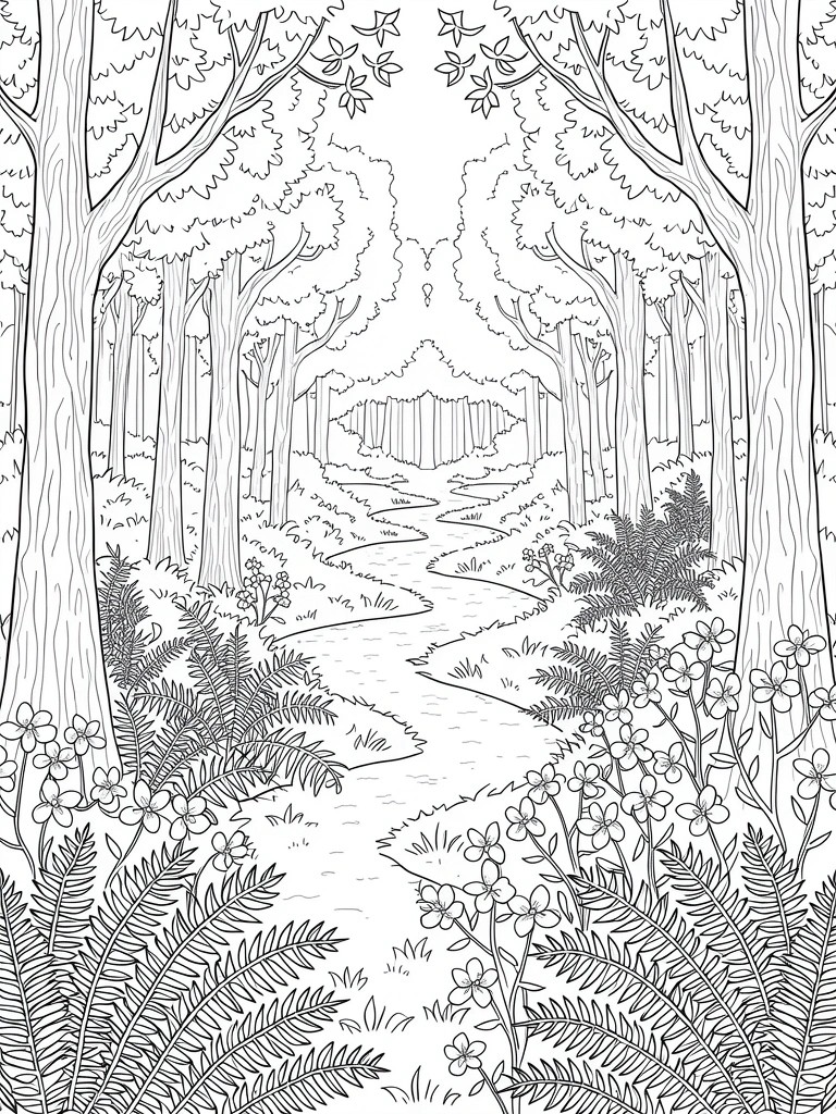 Black and white line art of a symmetrical forest path winding between trees with ferns and flowers along the edges.