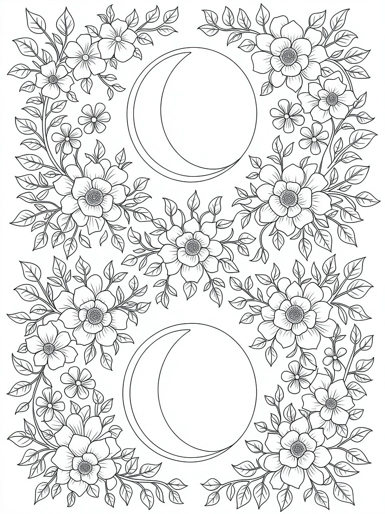 Line art coloring page featuring four symmetrical crescent moons encircled by detailed flowers and vines.