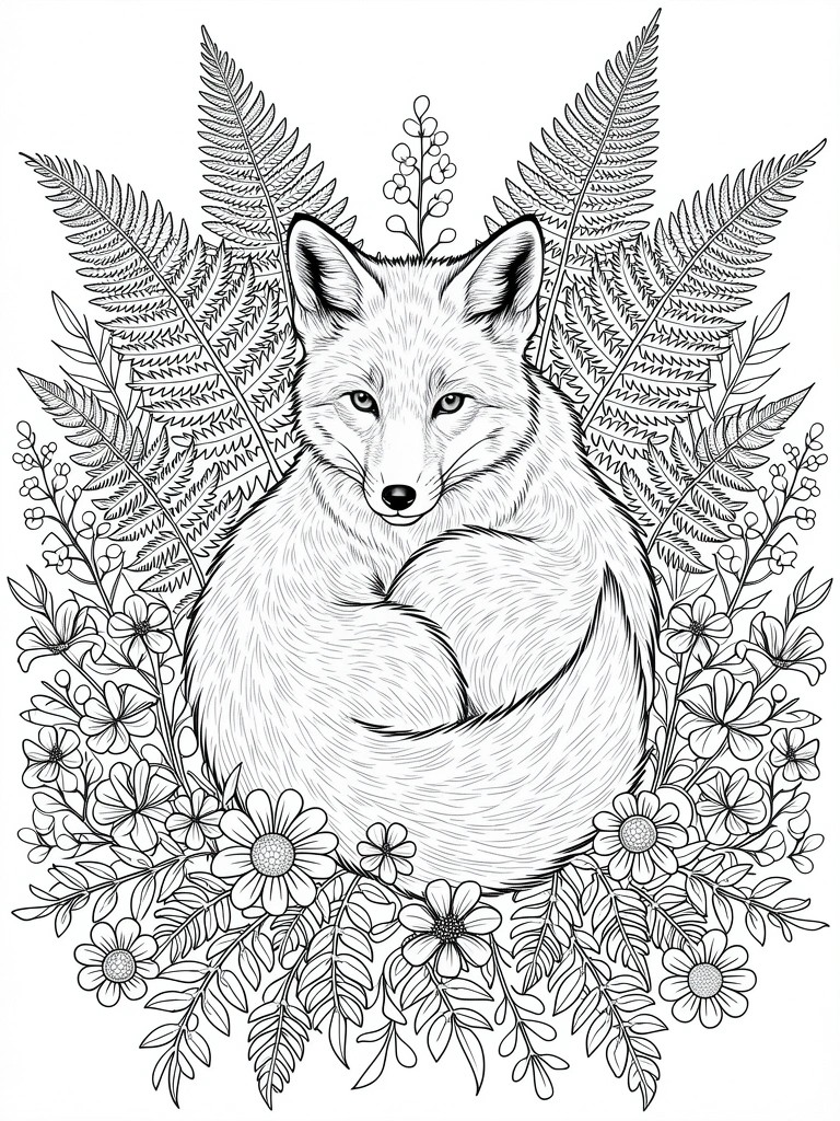 Line art coloring page featuring a central fluffy fox surrounded by ferns, small flowers, and stems.