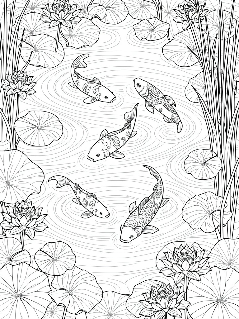 Line art coloring page of several koi fish swimming among lotus flowers, lily pads, and reeds in a pond.