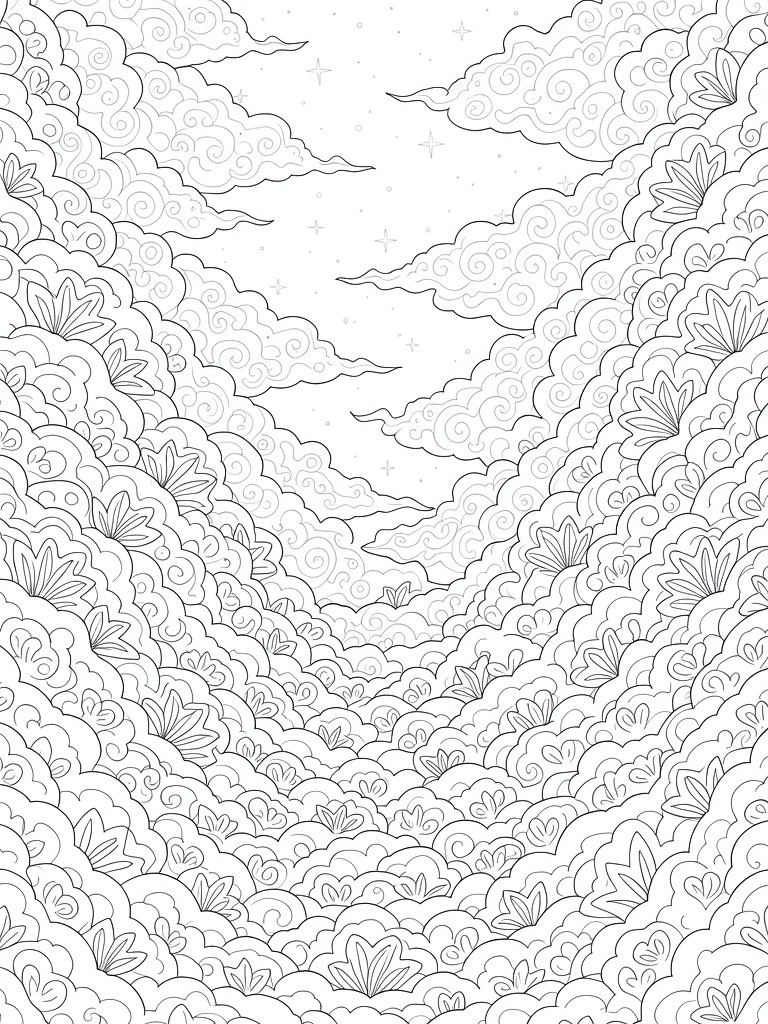 Line drawing of layered swirling clouds and stars forming a vertical sky scene.