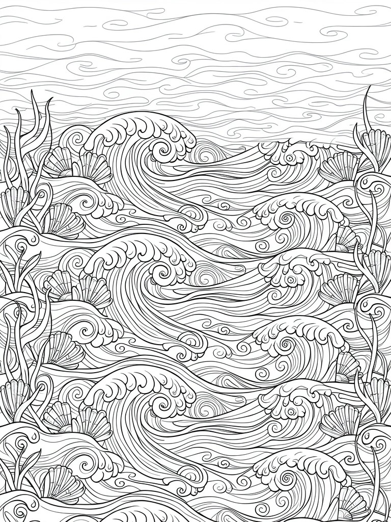 Black and white line art of stacked swirling ocean waves framed by seaweed with seashell details.