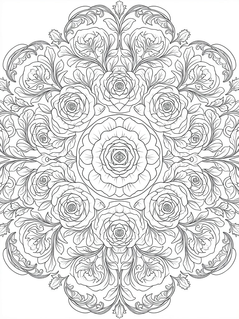 Symmetrical line art mandala featuring a central rose surrounded by smaller roses, leaves, and ornate scrolls.