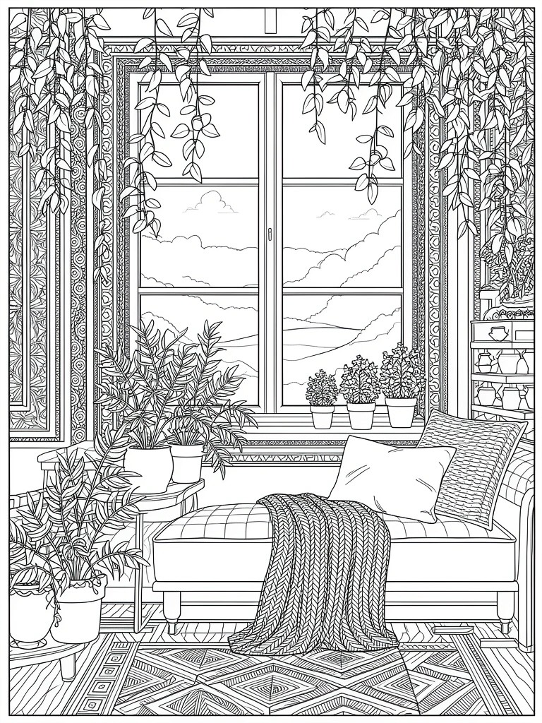 Line art of an ornate window overgrown with trailing plants, overlooking hills, with a daybed, shelves, and patterned rug in a cozy room corner.
