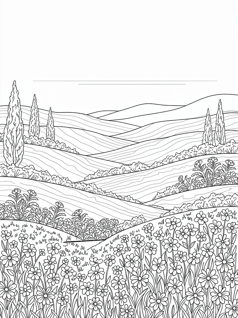 Black line art coloring page of rolling hills with wavy patterns, tall cypress trees, foreground wildflowers, a path, and background mountains.