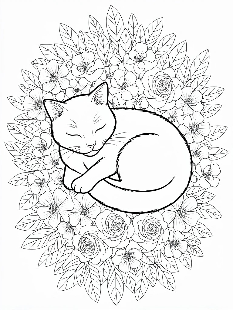 Line art of a curled sleeping cat centered in a circular wreath of roses, hibiscus flowers, and leaves.