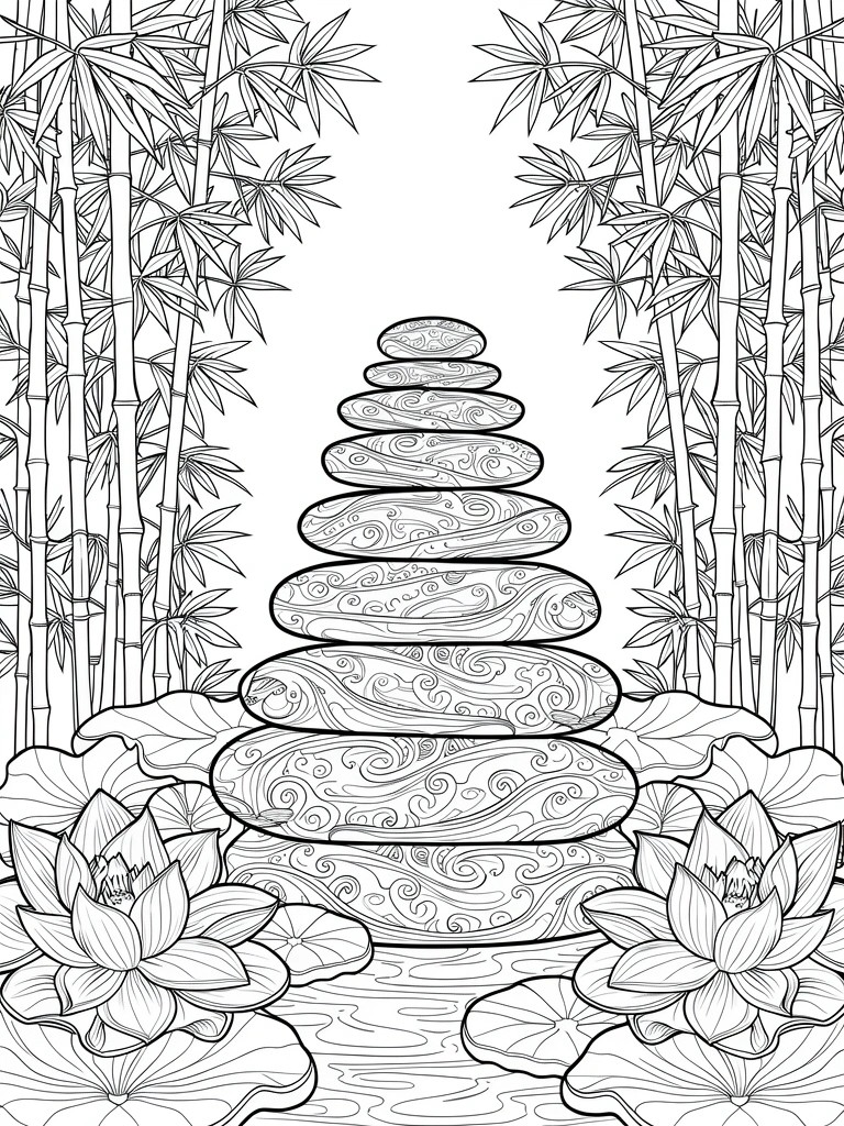 Line art of stacked swirling-patterned stones centered between bamboo stalks with lotus flowers and lily pads in foreground water.
