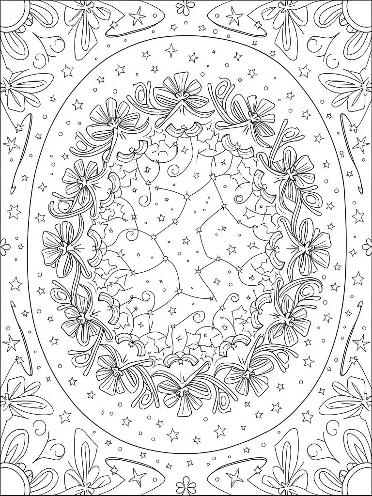Oval black line art coloring page with central starry swirls and constellations inside a border wreath of bows, flowers, leaves, and stars.